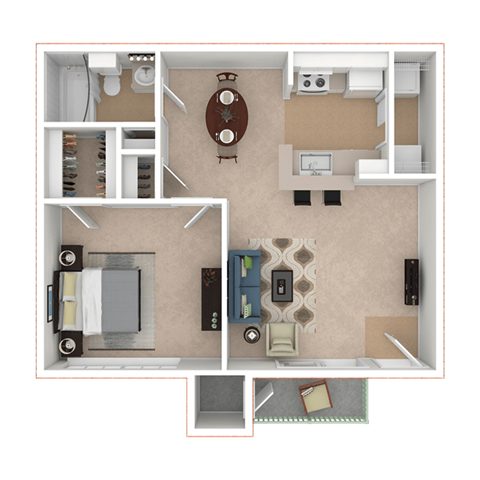 Floor plan for 1 bed, 1 bath, 576 sqft
